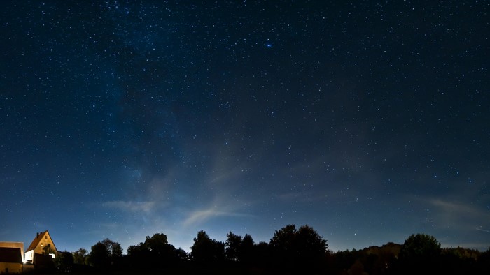 Night sky full of stars over trees and houses