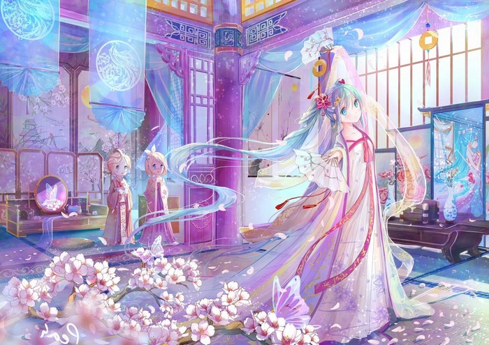 Hatsune Miku and Kagamine Twins in Traditional Japanese Room