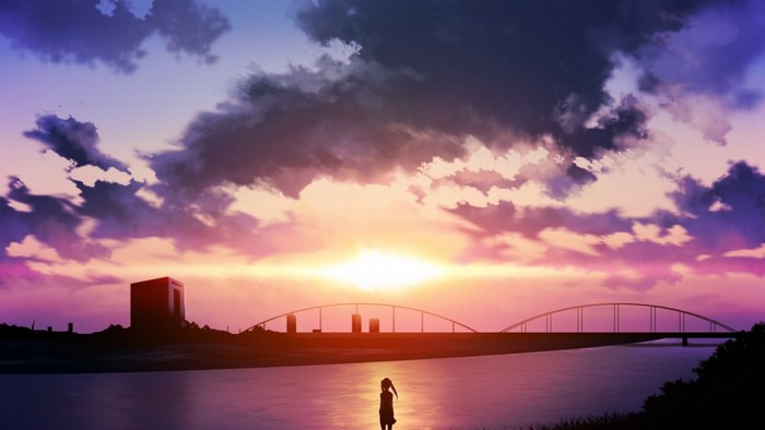Anime girl by the river at sunset with a bridge