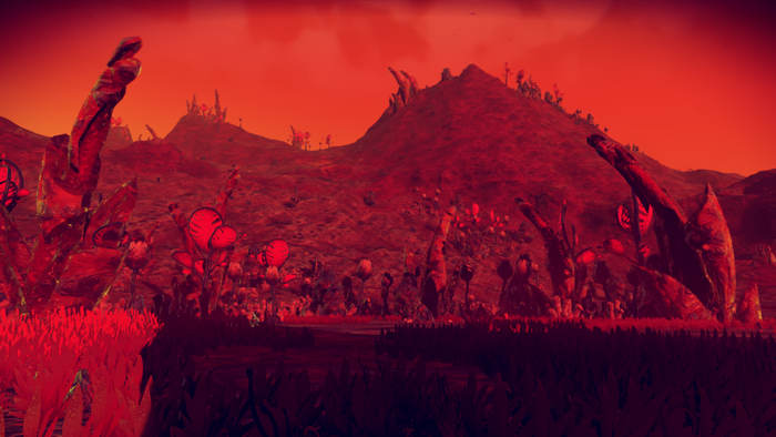 Red alien planet landscape with strange rock formations and plants