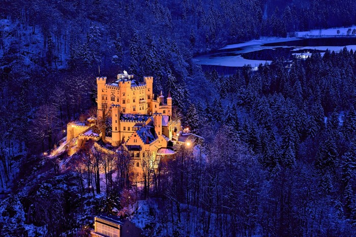 Hohenschwangau Castle at night in winter