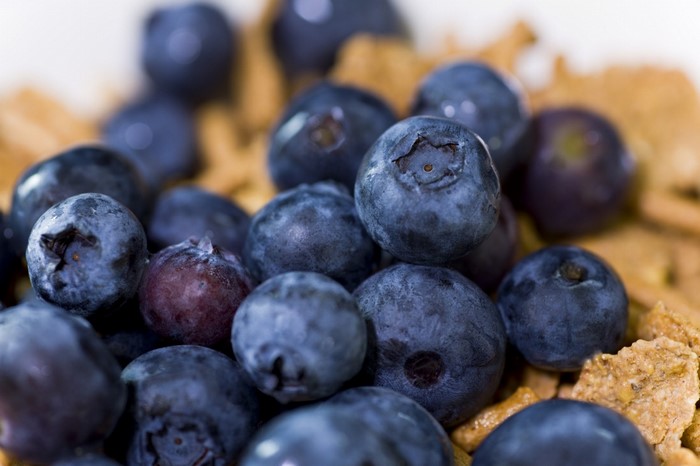 Close-up of blueberries and cereal