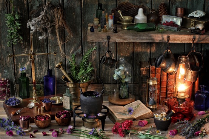 Witch's Altar with Herbs and Potions