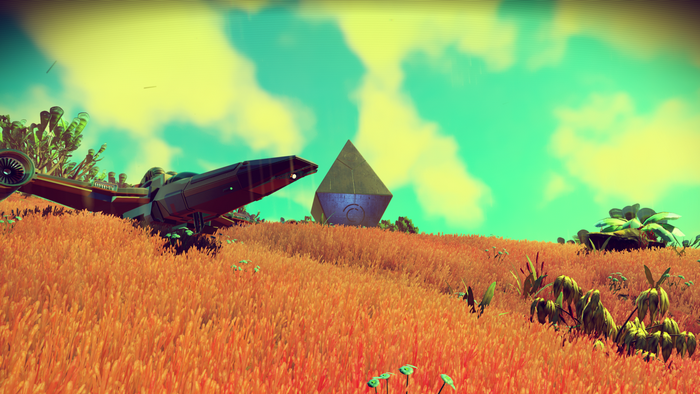 Spaceship and monolith on an alien planet in No Man's Sky