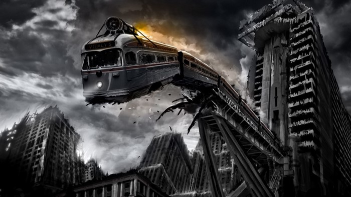 Apocalyptic train crash in a ruined city