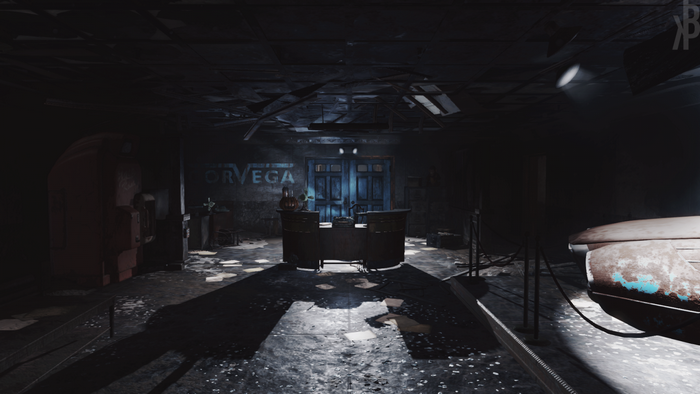 Abandoned interior with "ORVEGA" sign and double doors