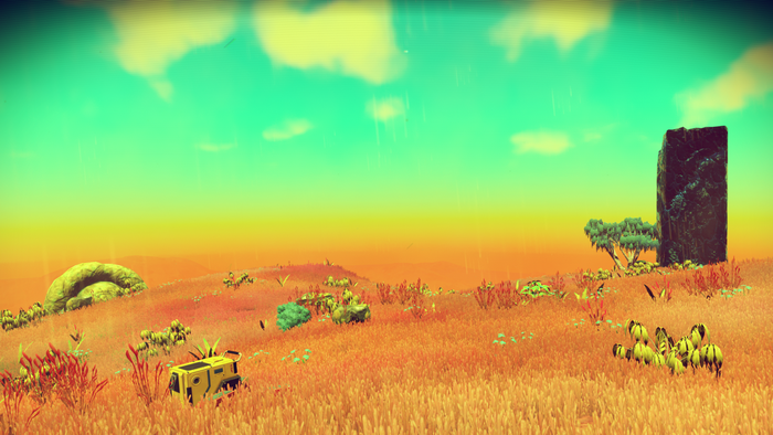 Alien planet landscape with strange flora and a monolith