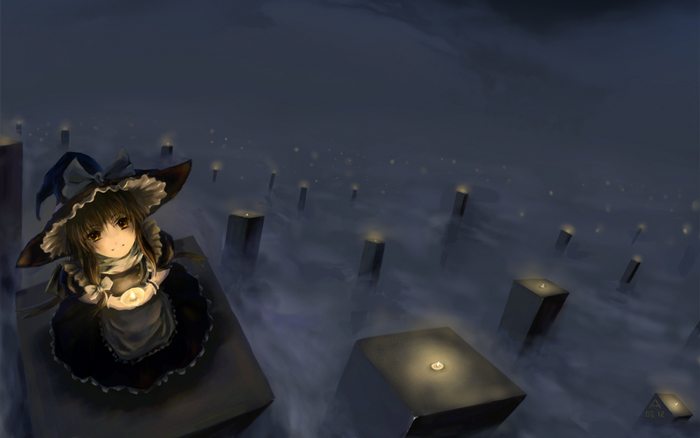 Anime girl with a candle in a misty night