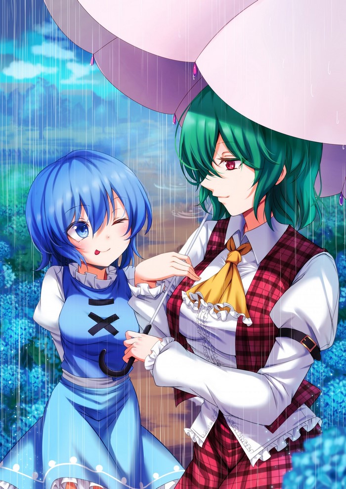 Two girls from Touhou under an umbrella in the rain