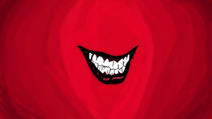 Illustration of a red background with a mouth and sharp teeth