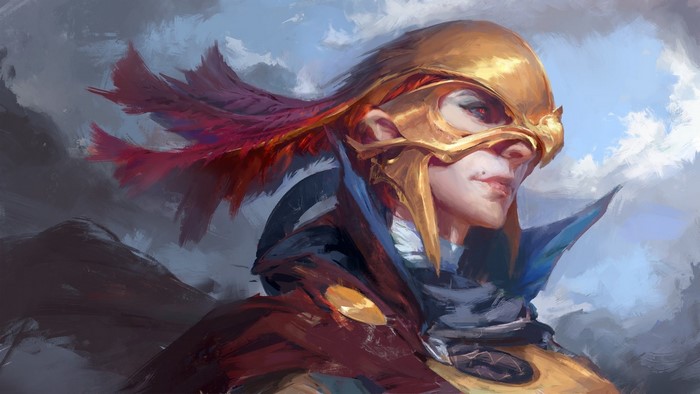 Woman warrior with golden helmet and red feathers