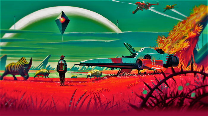 No Man's Sky alien planet with explorer and spacecraft