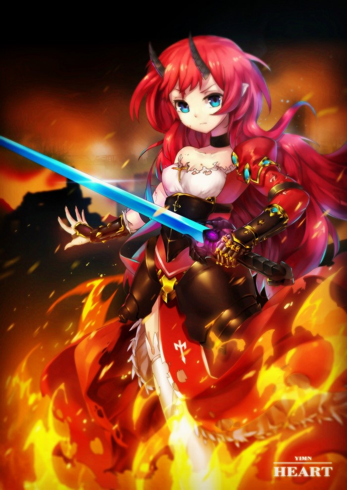 Anime girl with red hair, horns, and sword surrounded by fire