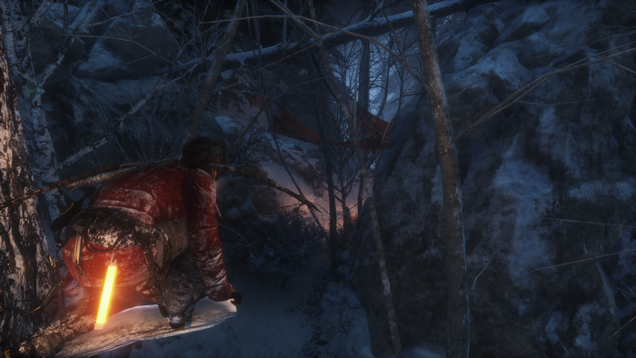 Lara Croft from Rise of the Tomb Raider in a snowy forest