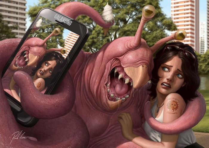 Woman and alien creature taking a selfie