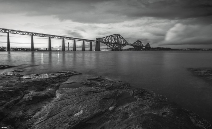 Forth Bridge at dusk, monochrome landscape