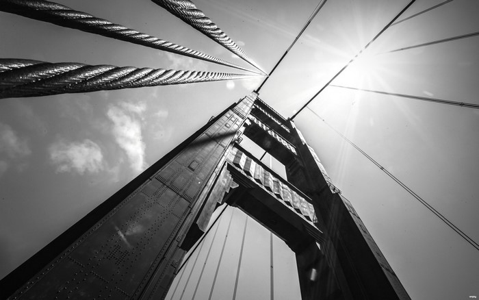 Golden Gate Bridge cables and tower, black and white