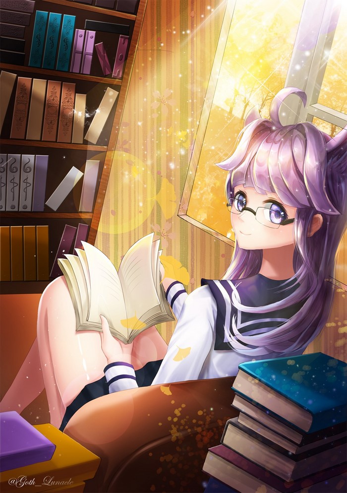 Anime girl with purple hair reading a book in a library