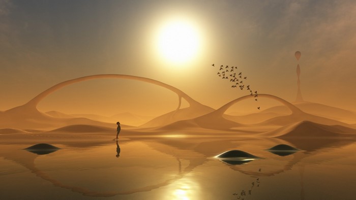 Surreal desert landscape with a lone figure and flying birds