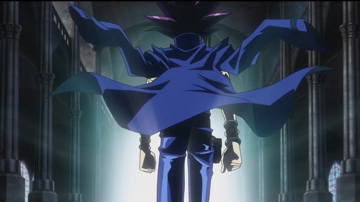 Yugi Muto from Yu-Gi-Oh! in a dark cathedral