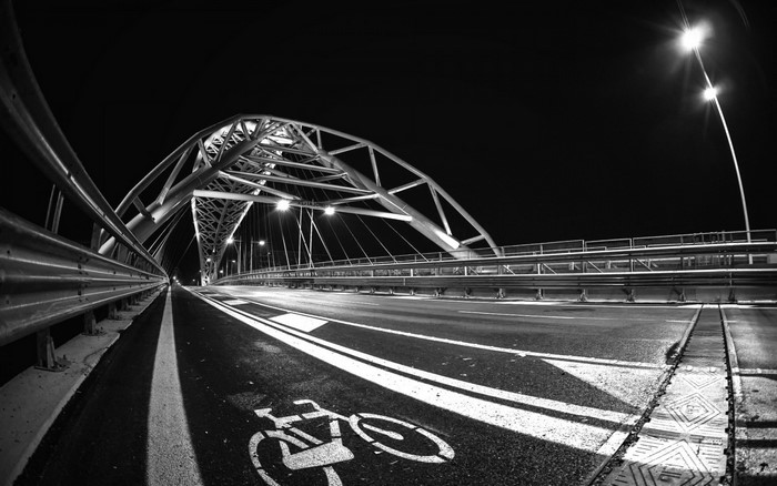 Monochrome night view of a modern arch bridge with a bike lane