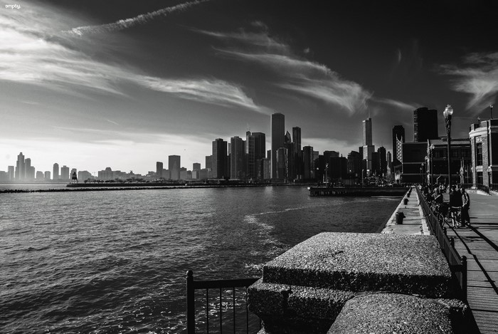 Monochrome cityscape of Chicago skyline at dusk