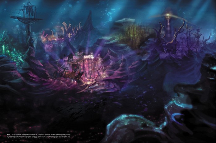 Alice in Wonderland underwater scene with ghost ship