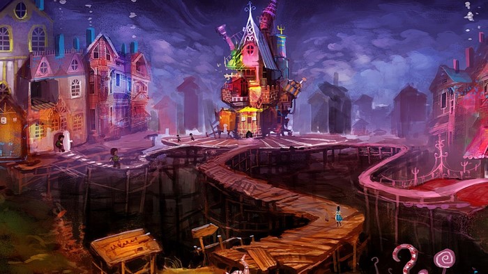 Alice in Wonderland cityscape at midnight