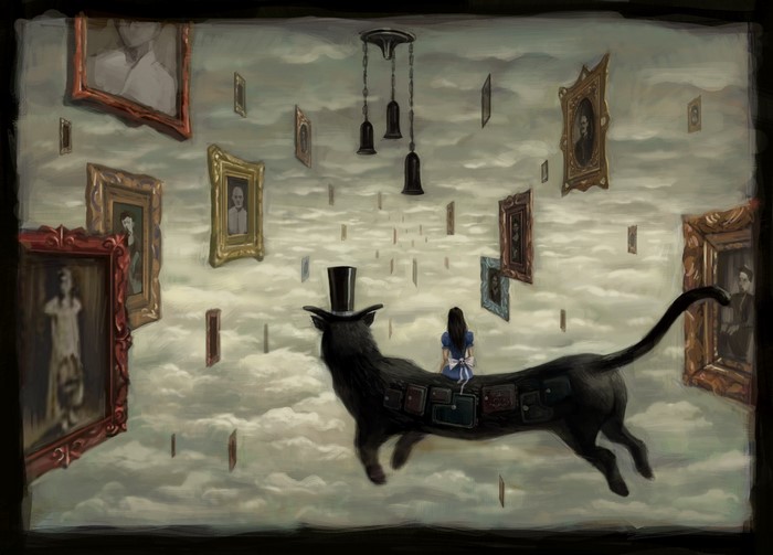 Alice from Alice in Wonderland on a cat