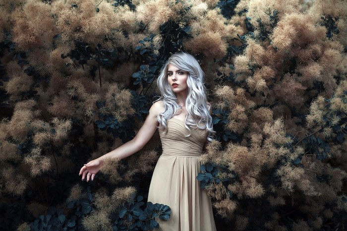 Woman with silver hair in a beige dress among smoke bush flowers