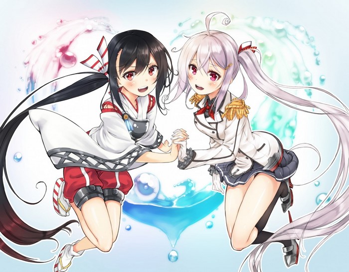 Two anime girls holding hands with water effects