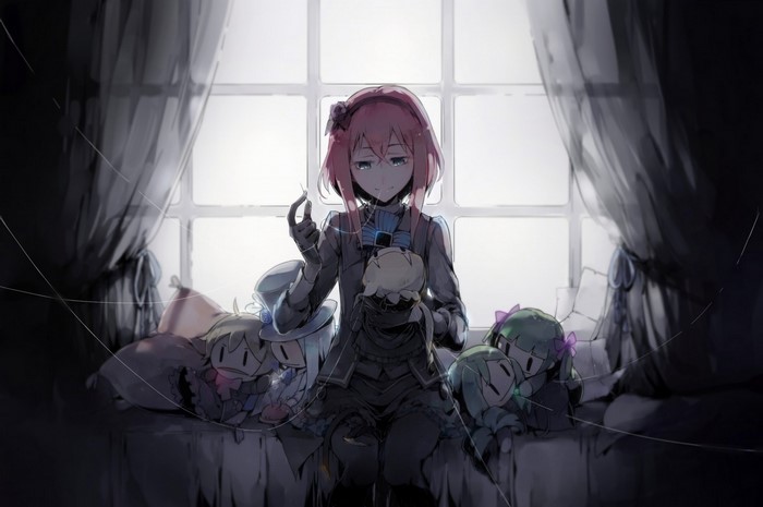 Girl with pink hair and dolls by the window