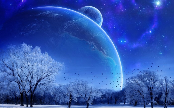 Winter landscape with planets and moon