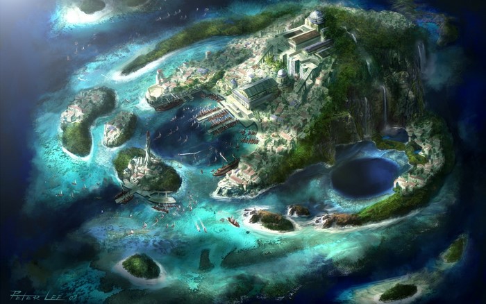 Aerial view of a fantasy island city with a harbor and surrounding islands