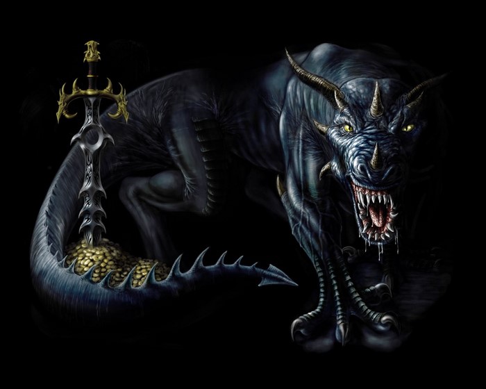 Dragon guarding a sword and treasure