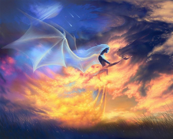 Fantasy angel with dragon wings in sunset clouds
