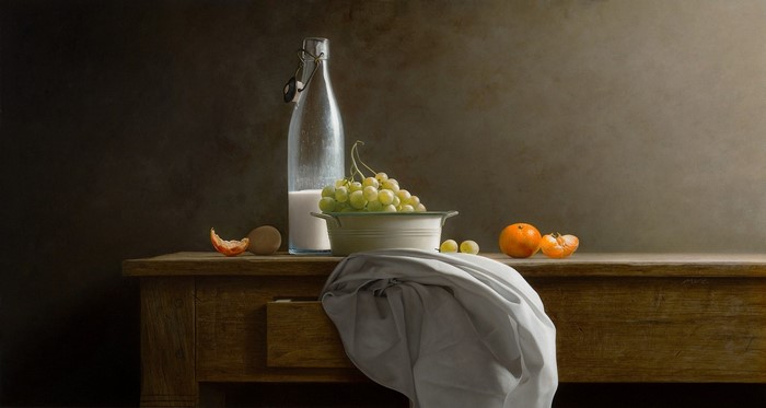 Still life painting of fruit and milk on a wooden table