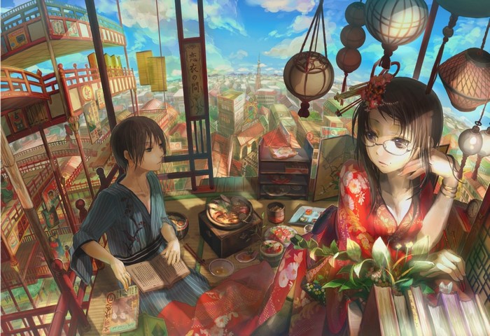 Anime painting of two people in Japanese clothes overlooking a city