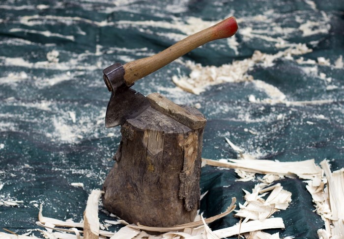 Axe resting on a chopping block with wood shavings