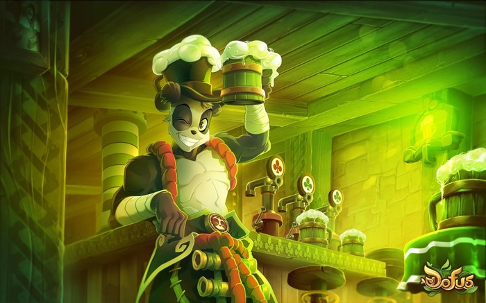 Panda character from Dofus holding a beer mug