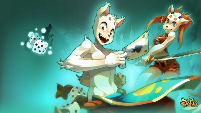 Characters from Dofus with dice and cards