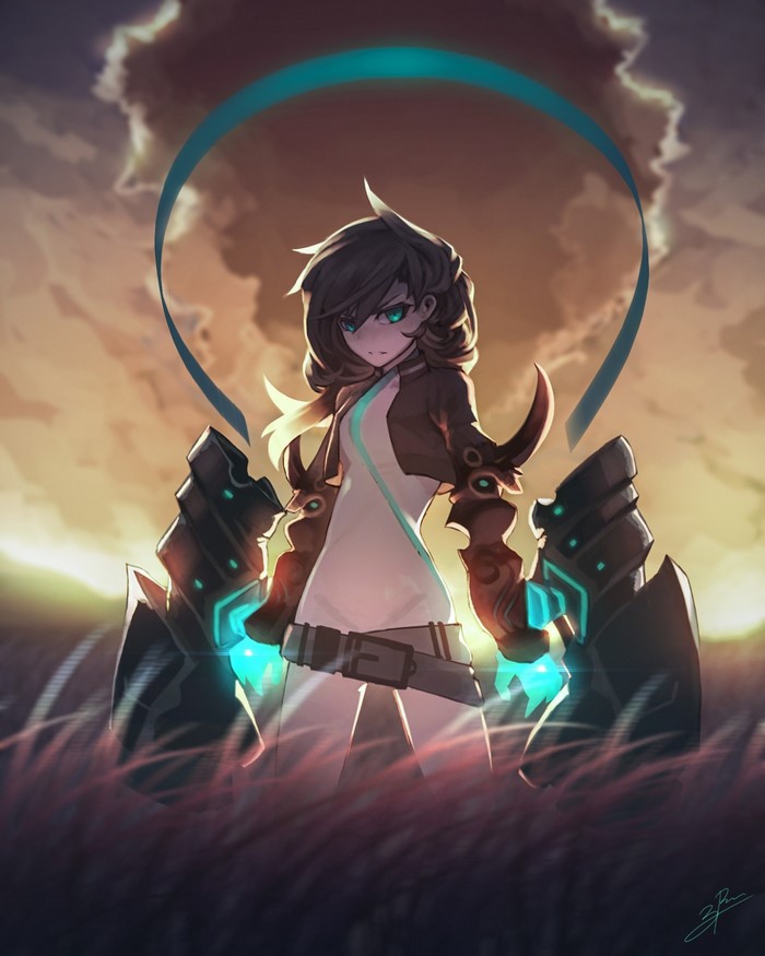 Anime girl with mechanical arms in a field
