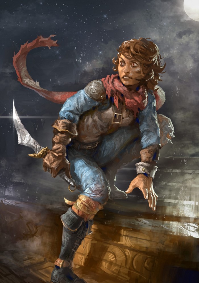 Fantasy warrior with a dagger in a starry night