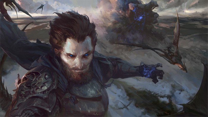 Fantasy warrior with blue eyes and beard fighting dragons