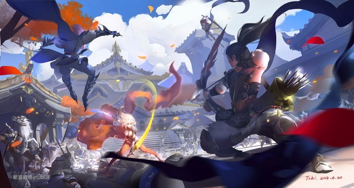 Fantasy warriors in battle with traditional Japanese architecture