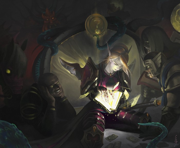 Fantasy characters playing a game in darkness