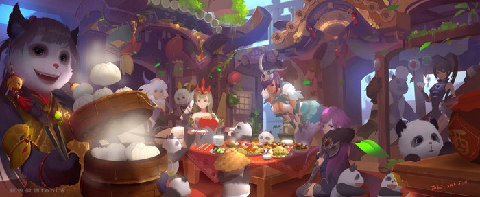 Fantasy anime characters enjoying a meal with pandas