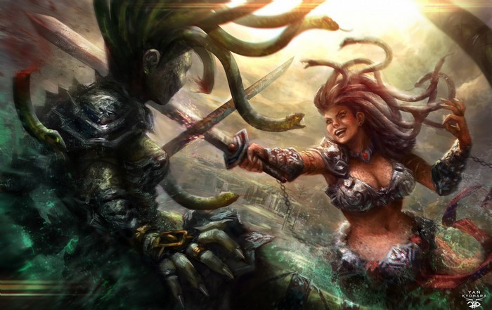 Medusa and warrior fighting with swords