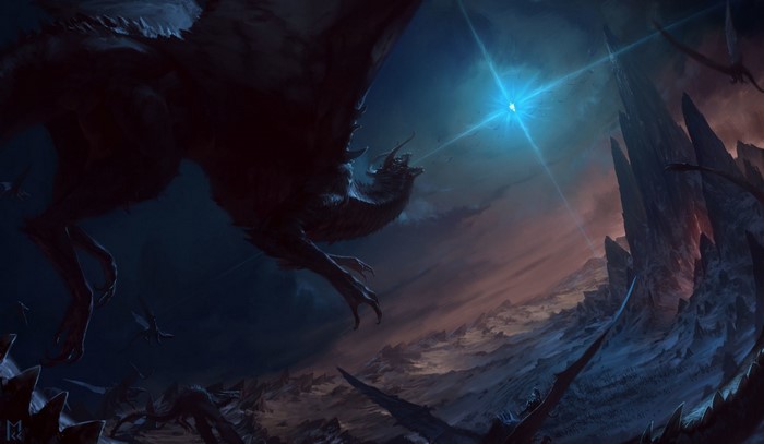 Fantasy art of dragons in a dark, rocky landscape