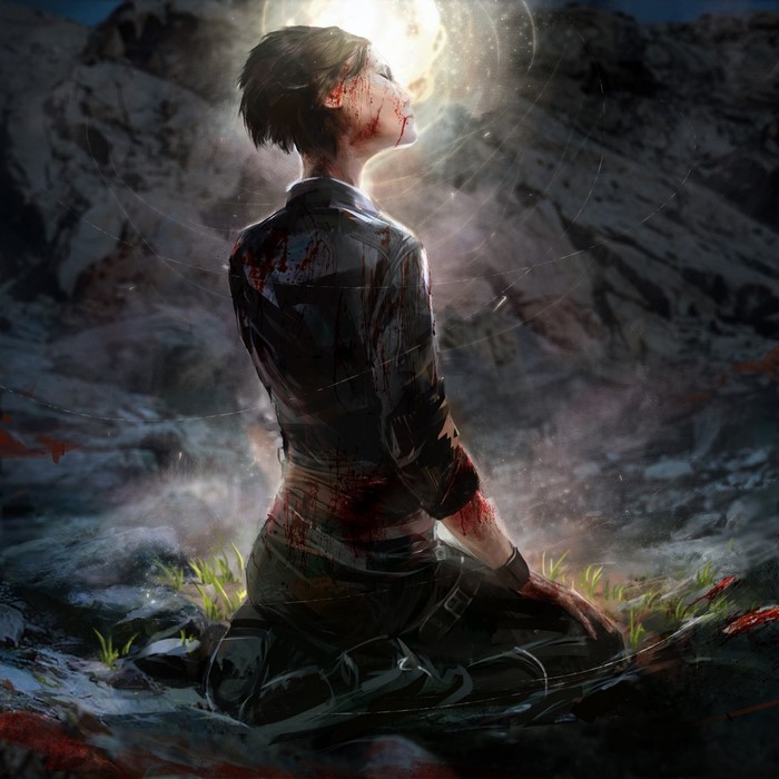 Bloody woman kneeling under moonlight in mountains